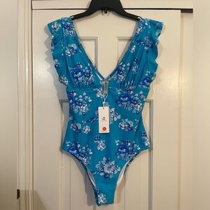 Cupshe One Piece NWT Floral Swimsuit Ruffle Sleeve Resort Beach Blue Size XL